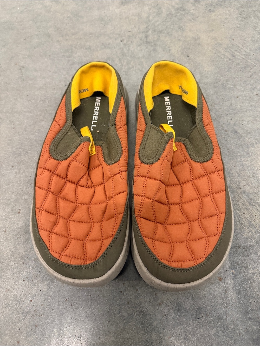 Merrell Men’s Quilted Orange and Olive Slip-On Loafers